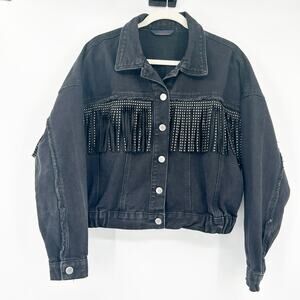 Excuse Womens Western Cowgirl Fringe Rhinestone Denim Jacket‎ Size L Black